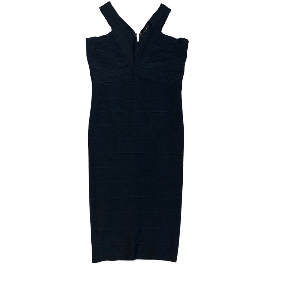 BEBE black halter top bandage bodycon cocktail midi dress Sz L